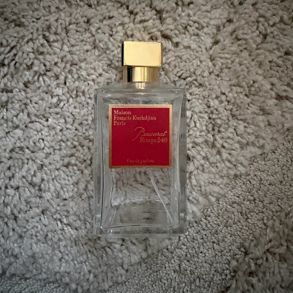 Empty Maison Francis Kurkdjian Clear Bottle with Gold Cap and Red Label
